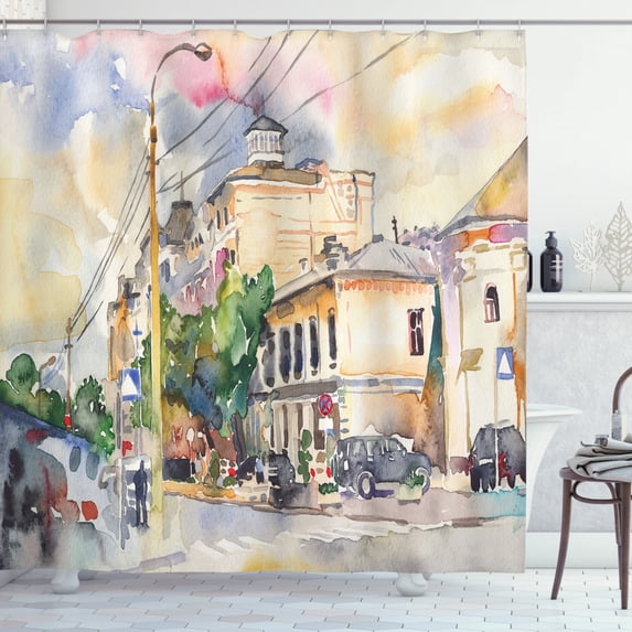 Ambesonne Urban Shower Curtain, City Street Watercolors, 69"Wx70"L, Multicolor