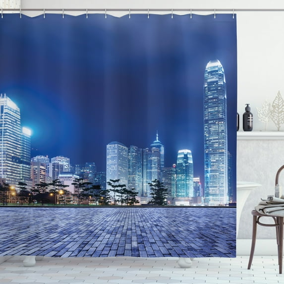 Ambesonne Urban Shower Curtain, Hong Kong Skyline Night, 69"Wx84"L, Purplegrey Royal Blue