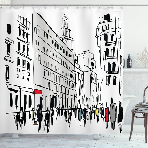 Ambesonne Urban Shower Curtain, Ink Cityscape Street View, 69"Wx75"L, Grey Black White