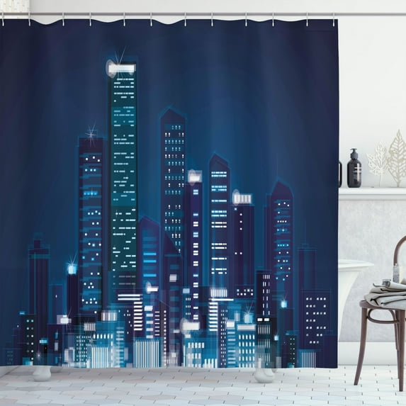 Ambesonne Urban Shower Curtain, Night View of Metropolis, 69"Wx84"L, Dark Blue