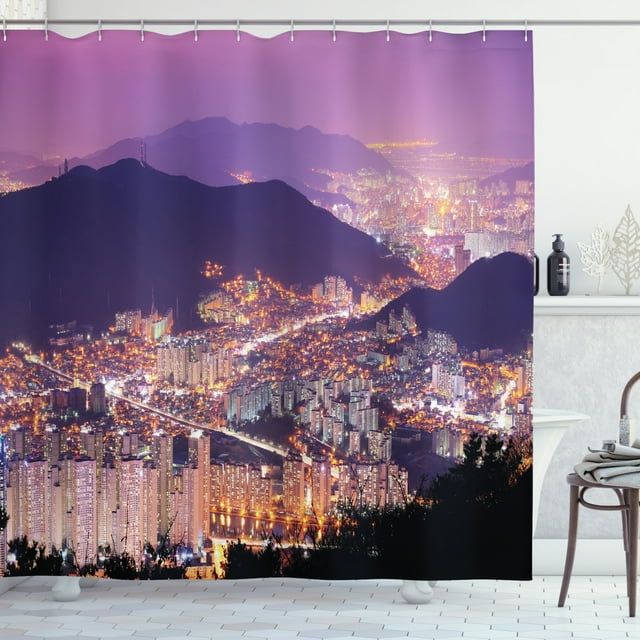 Ambesonne Urban Shower Curtain, Skyline of Busan Korea, 69"Wx75"L, Purple Violet