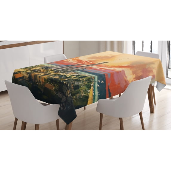 Ambesonne Urban Tablecloth Rectangular Table Cover, Modern Harbor Cityscape, 52"x70", Multicolor
