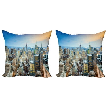 Ambesonne Urban Throw Pillow Cover 2 Pack, Aerial View New York City, 18", Grey Blue Peach
