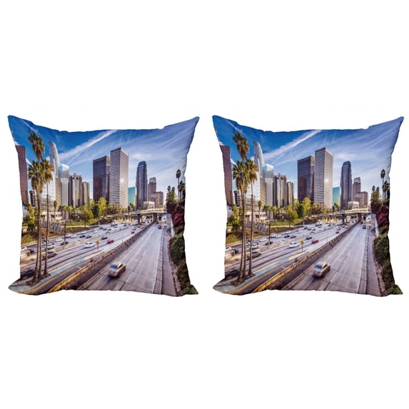 Ambesonne Urban Throw Pillow Cover 2 Pack, Downtown Los Angeles USA, 24", Blue Grey Green