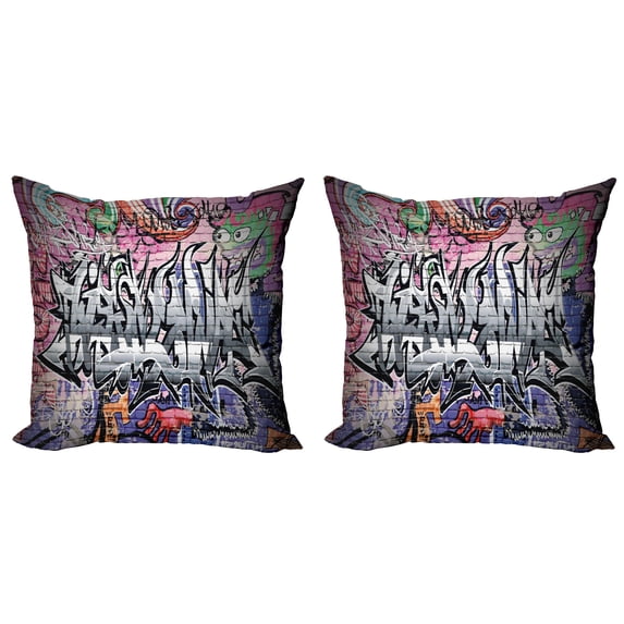 Ambesonne Urban Throw Pillow Cover 2 Pack, Graffiti Grunge Wall Art, 24", Multicolor