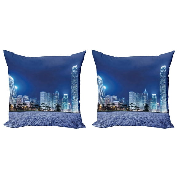 Ambesonne Urban Throw Pillow Cover 2 Pack, Hong Kong Skyline Night, 20", Purplegrey Royal Blue