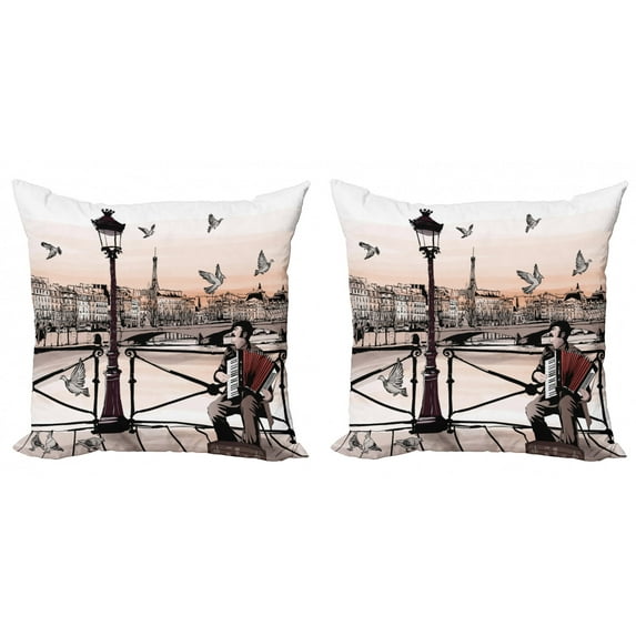 Ambesonne Urban Throw Pillow Cover 2 Pack, Music Accordionist Paris, 24", Peach Brown