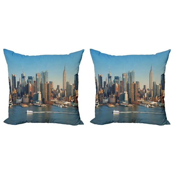 Ambesonne Urban Throw Pillow Cover 2 Pack, NYC Skyline River Scenery, 18", Blue Brown