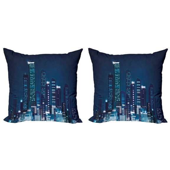 Ambesonne Urban Throw Pillow Cover 2 Pack, Night View of Metropolis, 24", Dark Blue
