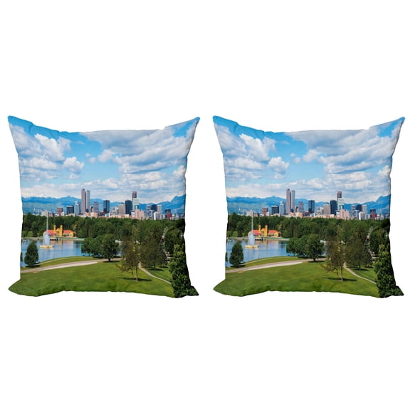Ambesonne Urban Throw Pillow Cover 2 Pack, Sunny City Park at Denver, 20", Sky Blue Fern Green