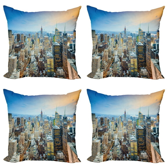 Ambesonne Urban Throw Pillow Cover 4 Pack, Aerial View New York City, 18", Grey Blue Peach