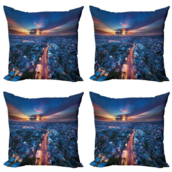 Ambesonne Urban Throw Pillow Cover 4 Pack, Bangkok Thailand Skyline, 16", Blue Coral