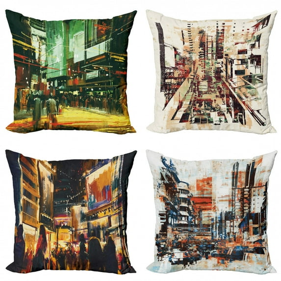 Ambesonne Urban Throw Pillow Cover 4 Pack, Big City Street Rush Fine Art, 24", Multicolor