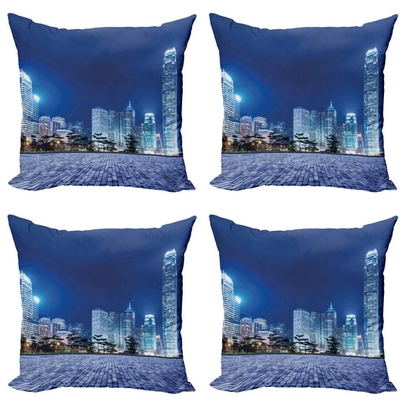 Ambesonne Urban Throw Pillow Cover 4 Pack, Hong Kong Skyline Night, 16", Purplegrey Royal Blue