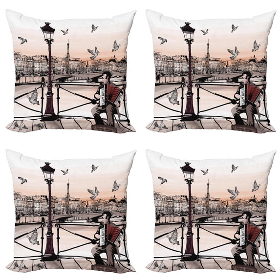 Ambesonne Urban Throw Pillow Cover 4 Pack, Music Accordionist Paris, 20", Peach Brown