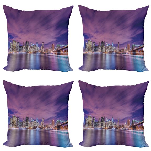 Ambesonne Urban Throw Pillow Cover 4 Pack, New York City Landmarks, 16", Violet Purple