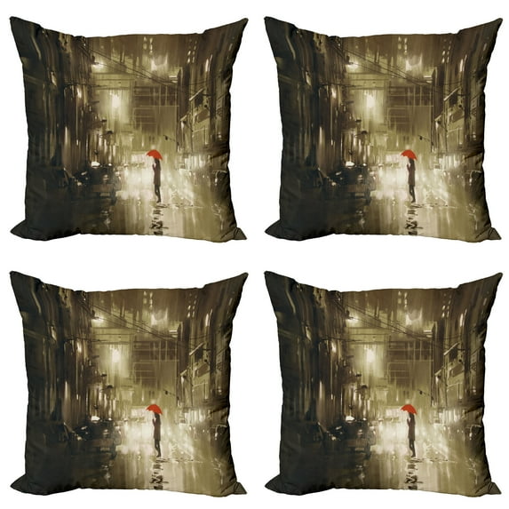 Ambesonne Urban Throw Pillow Cover 4 Pack, Romantic View Rainy Day, 24", Sepia