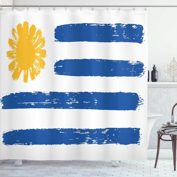 Ambesonne Uruguay Shower Curtain, Brush Painting Stroke Flag, 69"Wx84"L, Cobalt Blue Earth Yellow
