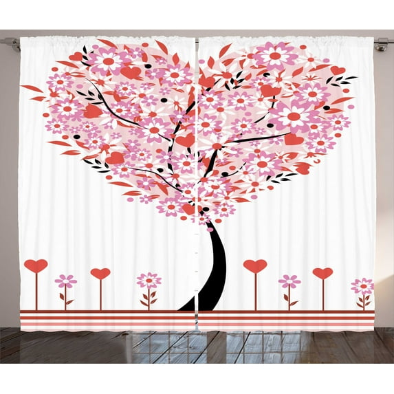 Ambesonne Valentine Curtains 2 Panel Set, Heart Shaped Tree, 108" x 108", Multicolor