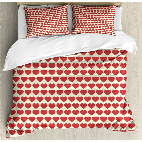Ambesonne Valentine Duvet Cover Set, Vibrant Red Hearts, King, Ivory Dark Coral