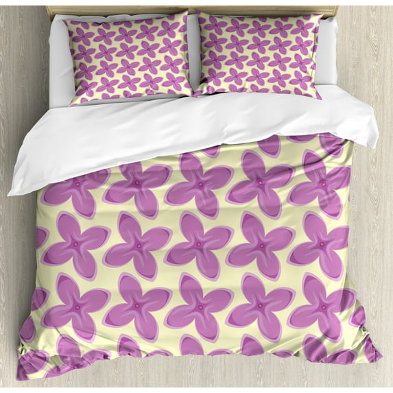 Ambesonne Valentine Duvet Cover Sets, Fresh Floret Buds, 2-Queen, Yellow Violet