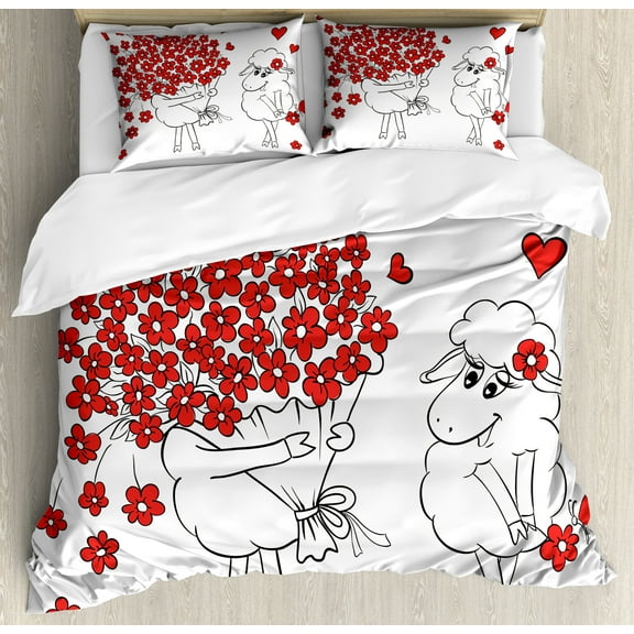 Ambesonne Valentine Duvet Cover Sets, Lover Goats Hearts, 2-Queen, Red White