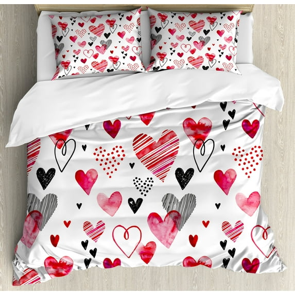 Ambesonne Valentine Duvet Cover Sets, Various Heart Shapes, 2-Queen, Pink Black White