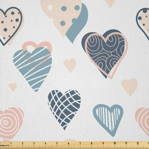 Ambesonne Valentine Fabric by the Yard Microfiber, Striped Dotted Hearts Art, 2 Yards, Pale Slate Blue and Blush