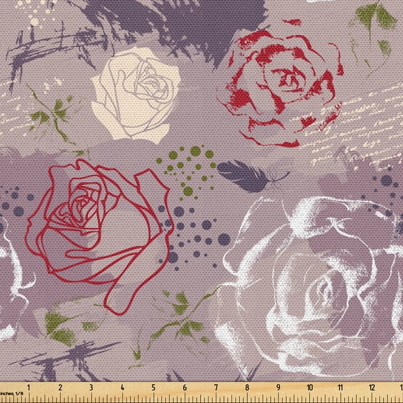 Ambesonne Valentine Fabric by the Yard Upholstery, Roses Brush Strokes Art, 5 Yards, Mauve Taupe Sage Green