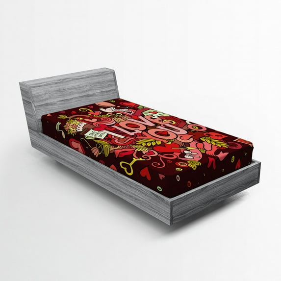 Ambesonne Valentine Fitted Sheet, Funky Hearts Arrows, Twin Size, Coral Burgundy Yellow