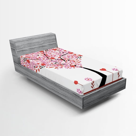 Ambesonne Valentine Fitted Sheet, Heart Shaped Tree, Twin Size, Multicolor