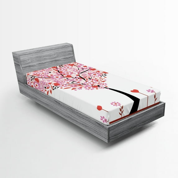 Ambesonne Valentine Fitted Sheet, Heart Shaped Tree, Twin XL Size, Multicolor