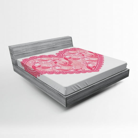 Ambesonne Valentine Fitted Sheet, Lace Heart with Flora, Full Size, Pink Rose White