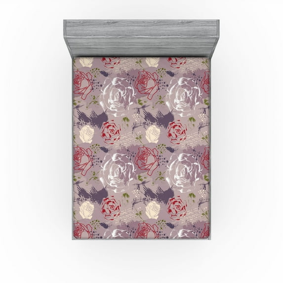 Ambesonne Valentine Fitted Sheet, Roses Brush Strokes Art, California King, Mauve Taupe Sage Green
