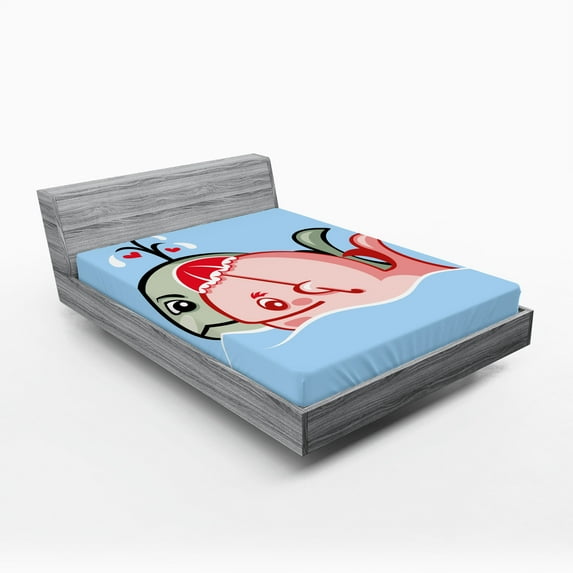 Ambesonne Valentine Fitted Sheet, Whale Couple, Full Size, Blue Grey Coral Sky