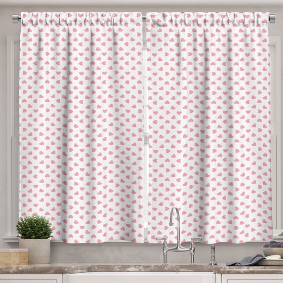 Ambesonne Valentine Kitchen Curtains, Hearts Pattern Plain Back, 55"x39", Pastel Pink and White