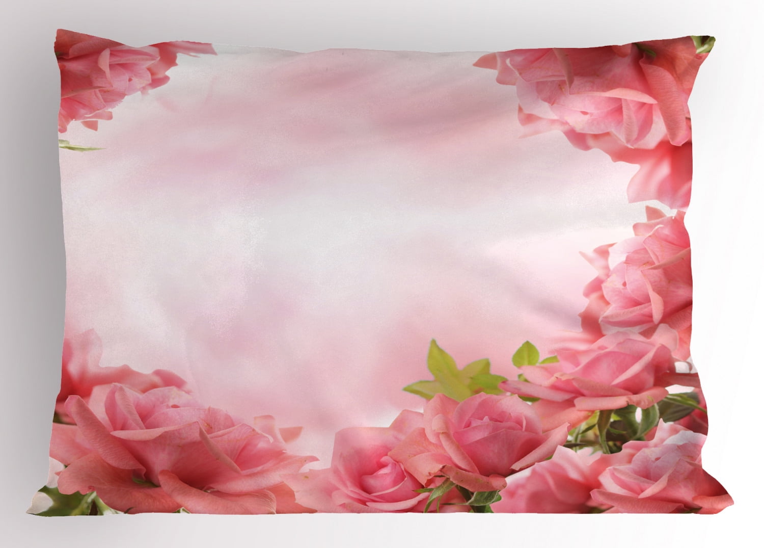 Ambesonne Valentine Pillow Sham, Romantic Roses Bridal, 26" X 20", Pink Coral Green