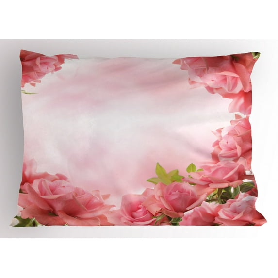 Ambesonne Valentine Pillow Sham, Romantic Roses Bridal, 26" X 20", Pink Coral Green