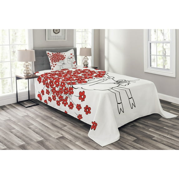 Ambesonne Valentine Quilted Bedspread Set 2 Pcs, Lover Goats Hearts, Twin Size, Red White
