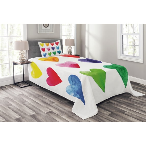 Ambesonne Valentine Quilted Bedspread Set 2 Pcs, Rainbow Colors Hearts, Twin Size, Multicolor