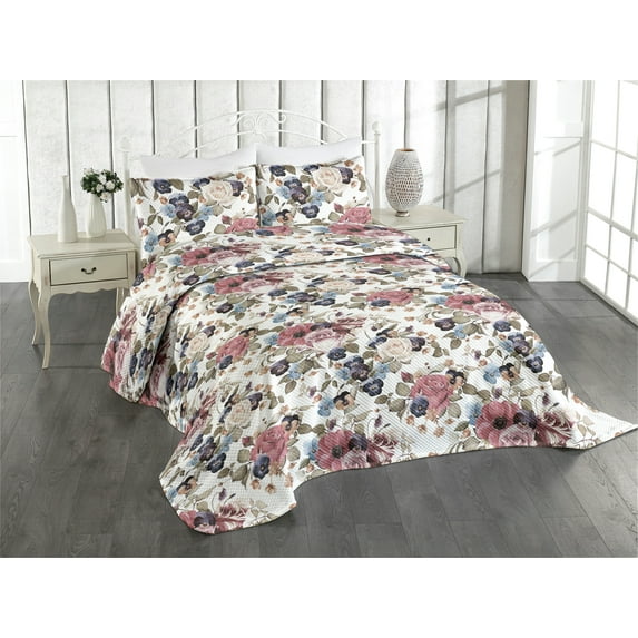 Ambesonne Valentine Quilted Coverlet 2 Pcs, Rose and Other Flowers, Twin Size, Slate Brown Pale Ruby
