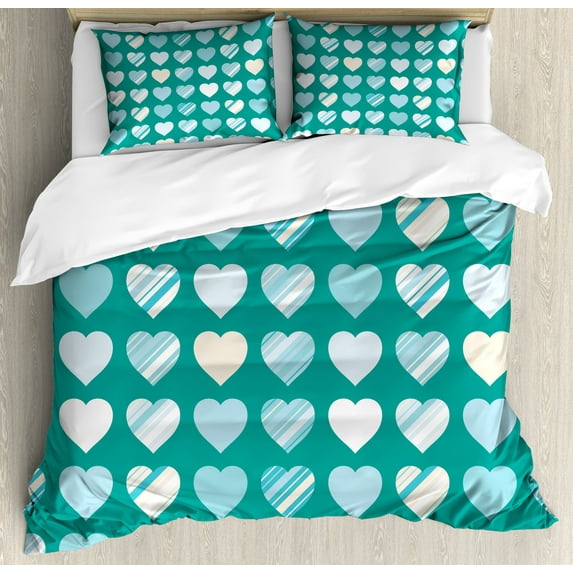 Ambesonne Valentine's Day Duvet Cover Set, Heart, 2-Calking, Jade Green Seafoam Cream