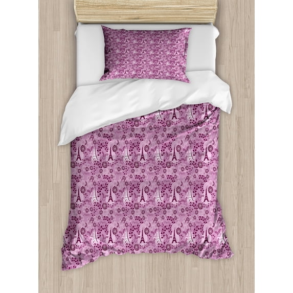 Ambesonne Valentine's Day Duvet Cover Set, Paris Love Art, Twin, Pale Fuchsia Plum White