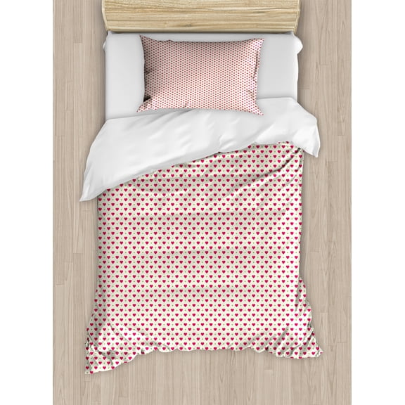 Ambesonne Valentine's Day Duvet Cover Set, Romance Hearts Dots, Twin, Eggshell Magenta and Green
