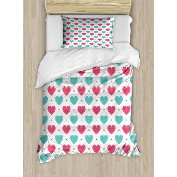 Ambesonne Valentine's Day Duvet Cover Sets, Hearts in Squares, 2-Twin, Seafoam Dark Coral