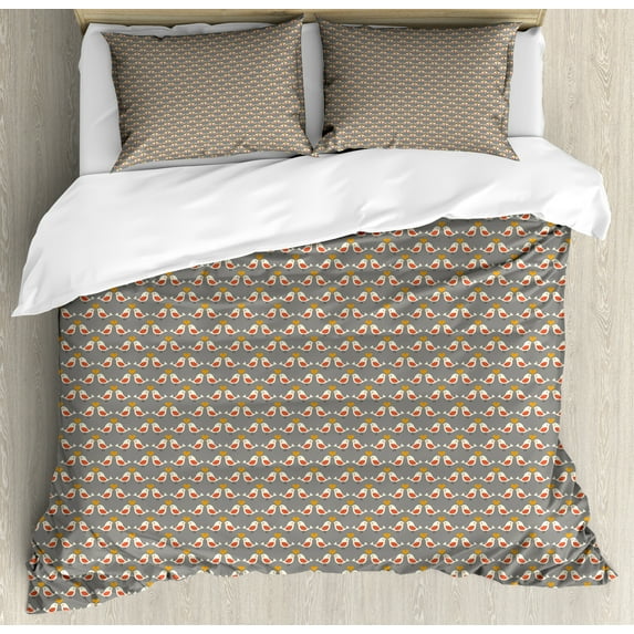 Ambesonne Valentine's Day Duvet Cover Sets, Love Birds Kiss, 2-Queen, Apricot Red and Grey