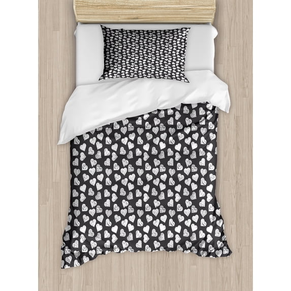 Ambesonne Valentine's Day Duvet Cover Sets, Modern Hearts Art, 2-Twin, Dark Blue Grey and White