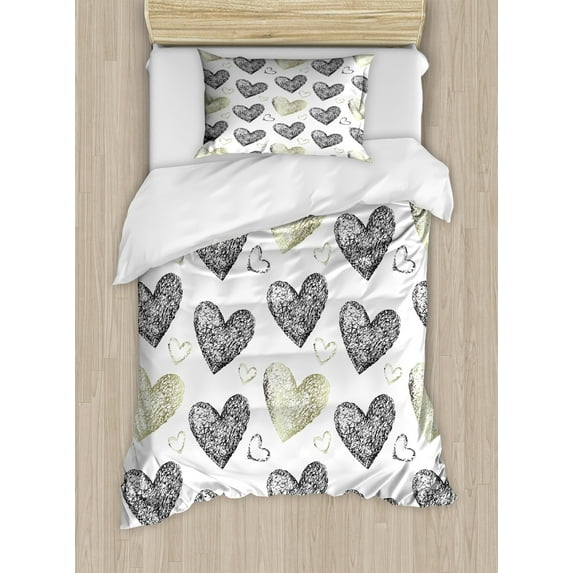 Ambesonne Valentine's Day Duvet Cover Sets, Sketched Hearts, 2-Twin, Grey Olive Green