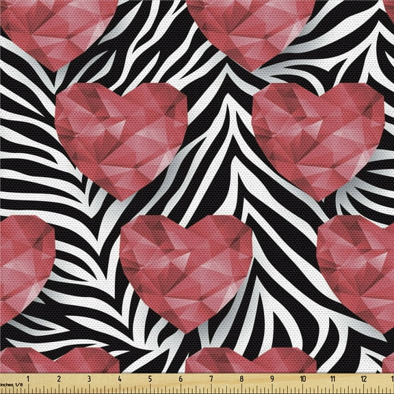 Ambesonne Valentine's Day Fabric by the Yard Upholstery, Heart Love Zebra, 5 Yards, Coral Charcoal Grey