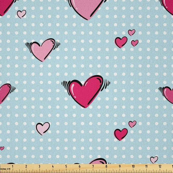 Ambesonne Valentine's Day Fabric by the Yard Microfiber, Hearts Dotted Back, 1 Yard, Dark Pink Pale Blue and White